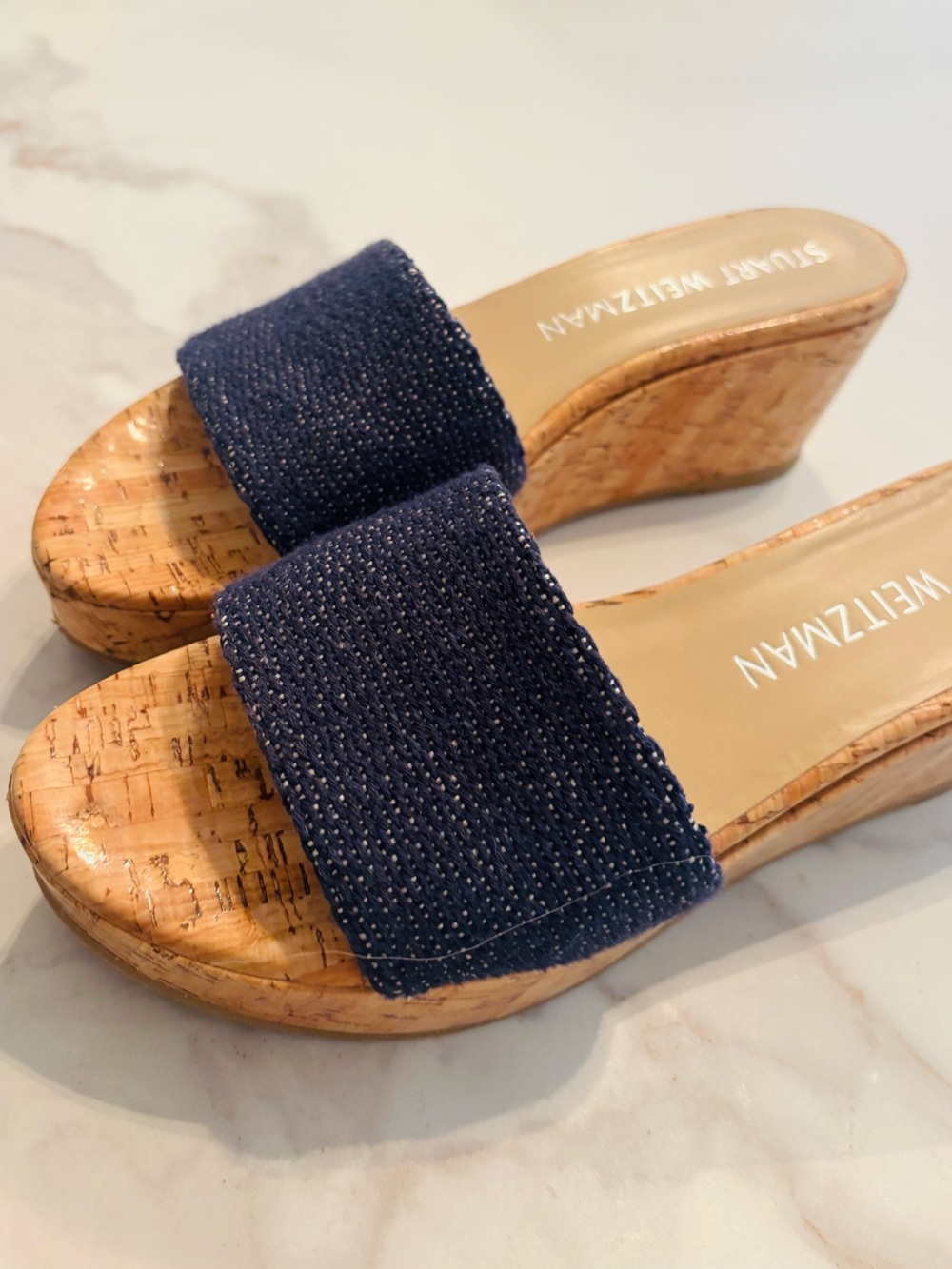 Stuart Weitzman Navy Fabric Cork Wedge Slides